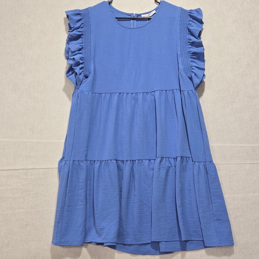Michelle McDowell Mary Square Everkly Dress Blue Ruffle Sleeve‎ Tiered Midi